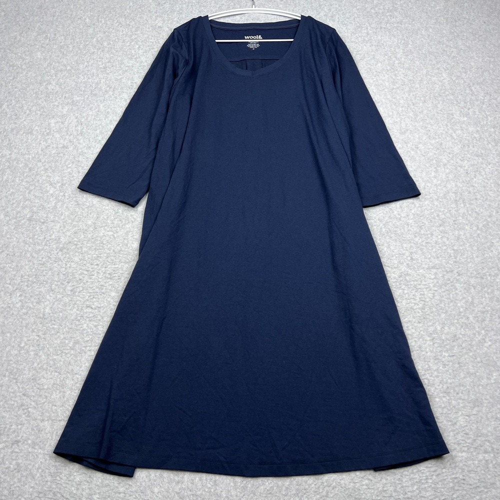Wool& Dress Women's 2X Blue Merino Wool 3/4 Sleeve V-Neck Knit Swing ALine Midi